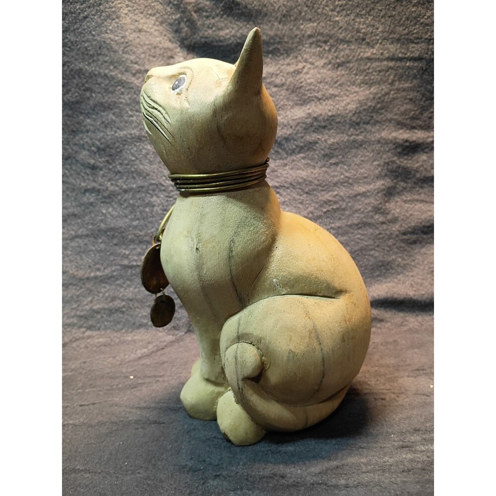 Vintage Hand Carved Wooden Cat Folk Art Sculpture Brass Collar Rustic Whimsical - Picture 4 of 14